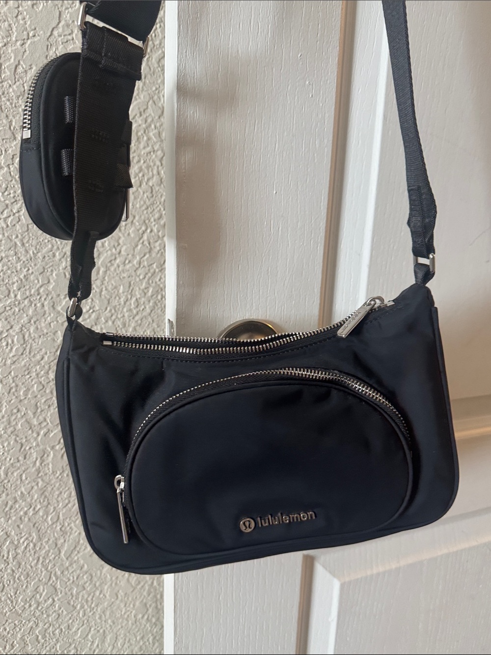 lululemon athletica Black Nylon Crossbody Bag with Silver Hardware